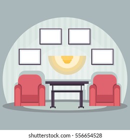 Two soft red armchairs in front of TV. Paintings on the wall. Interior fashionable living room. Design of the housing, homes, apartments. Flat vector illustration. Objects isolated on background.