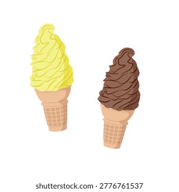 Two soft serve ice cream cones in yellow and chocolate flavors on light background