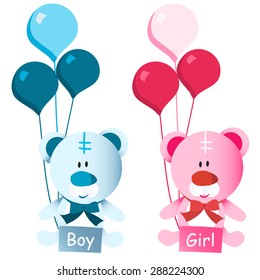 Two soft toy bears in pink and blue with matching balloons vector illustration.