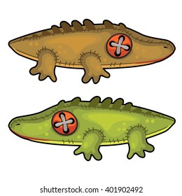 Two soft toys in the form of crocodiles on a white background. Vector illustration.