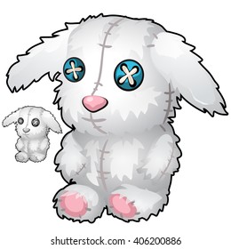 Two soft toys in the form of rabbit on a white background. Vector illustration.