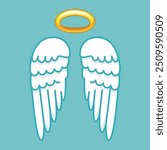 Two softly curved feathered wings next to a bright golden halo. The combination evokes a sense of angelic grace and divine presence on a calm turquoise background.