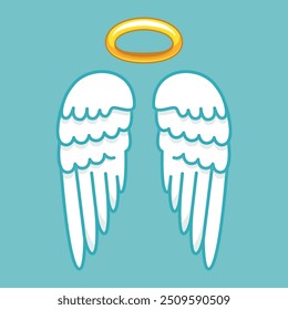 Two softly curved feathered wings next to a bright golden halo. The combination evokes a sense of angelic grace and divine presence on a calm turquoise background.