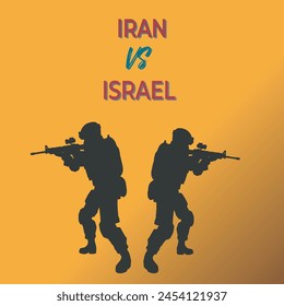 Zwei Soldaten kämpfen im Kriegshintergrund. Iran vs Israel Typografie Design mit editierbarem Text.