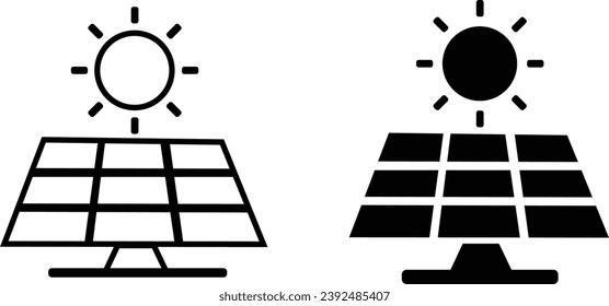 Icono de la estación del panel solar sobre fondo blanco y negro. Ilustración vectorial.