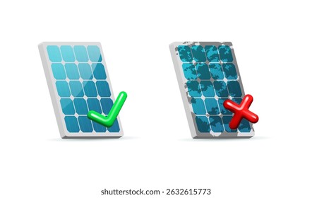 Two solar panels are shown, one clean with a green check mark and one dirty with a red cross, illustrating the importance of maintenance for optimal energy production