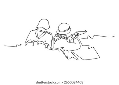 two soldiers aim at the enemy from a puddle.  world war concept. Single line draw design. Vector graphic illustration