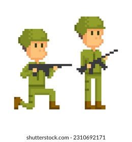 Dos soldados con rifles de asalto. Videojuego Pixel art. 8 bits. Sprite de 8 bits. ilustración vectorial aislada. Diseño para pegatinas, logotipo, bordado, aplicación móvil.