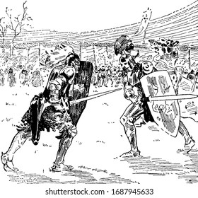 Two soldiers are fighting with swords and shields, vintage line drawing or engraving illustration