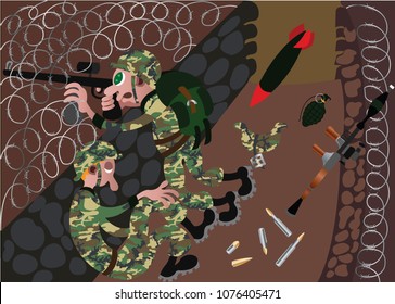 Two soldiers hold their ground fighting from the trenches