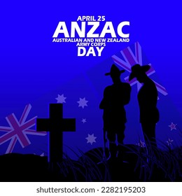 Two soldiers saluting a grave with a tombstone in the shape of a cross with an Australian flag and New Zealand flag background to commemorate Anzac Day on April 25