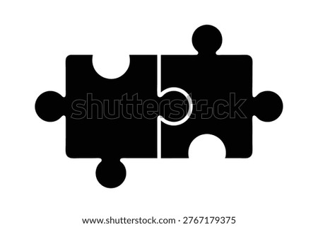 Two solid black puzzle pieces are shown interlocked on a white background. The left piece has a protruding knob and a recessed hole, while the right piece has a recessed hole and a protruding knob that perfectly fit together. The image represents connection, solutions, and collaboration.