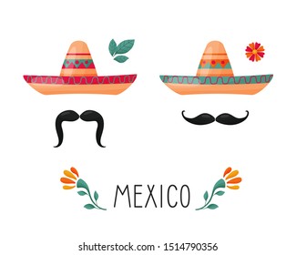 Two sombreros with mustaches. For poster or postcard.