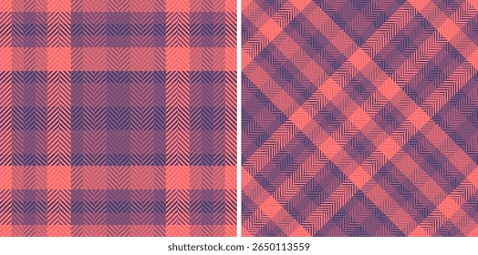 Two sophisticated coral and purple herringbone plaid patterns.  Perfect for textile design, fashion, home decor, or website backgrounds. These seamless textures offer a modern yet classic feel.