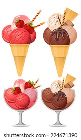 Two sorts of icercream: strawberry and chocolate one. Waffle cone and glass cup. Realistic vector illustration.
