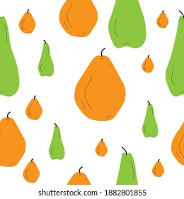 Two sorts of pears in seamless pattern on white. Orange color and green, round pear and 
elongated pear. Simple and flat hand drawn design. 