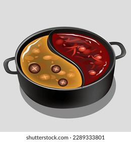 Two soup in one pot, hotpot spicy. Isolated close up vector illustration.