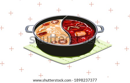 Two soup in one pot, hotpot spicy on white background. Isolated close up vector illustration.