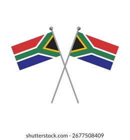 Dos banderas sudafricanas cruzadas en postes ilustración plana