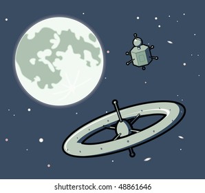 Two space machines, on ea satellite and one a space station, travel around the Moon.