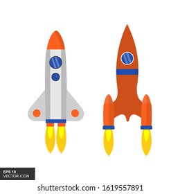 Two space rockets began launching. Flat style icon design with white background. Vector illustration.