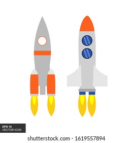 Two space rockets began launching. Flat style icon design with white background. Vector illustration.
