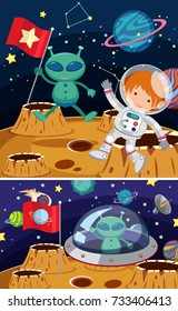 Two space scenes with aliens and astronaut illustration