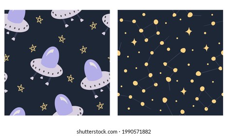 Two space and starry night with constellations seamless patterns