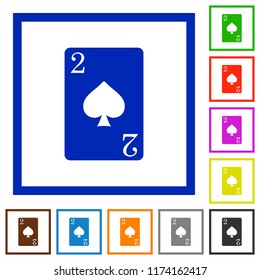 Two of spades card flat color icons in square frames on white background