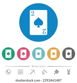 Two of spades card flat white icons on round color backgrounds. 6 bonus icons included.