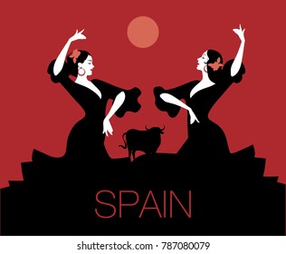 Two Spanish flamenco dancers dancing "sevillanas", typical Spanish dance. Bull, moon or sun in the background.