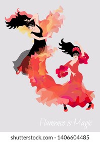 Two spanish girl danced a flamenco. Cute card or concert poster. Space for text.