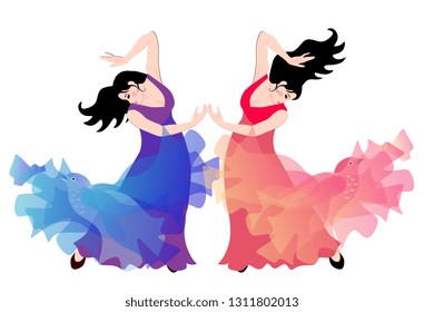 Two spanish girls - flamenco dancers isolated on white background.