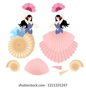 
Two Spanish girls in the form of mermaids are dancing flamenco isolated on white background in vector. Sea shells.