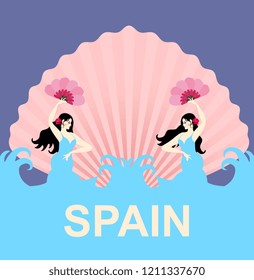 Two Spanish girls in the form of mermaids are dancing flamenco against the backdrop of waves and the rising sun, stylized as pink sea shell.
