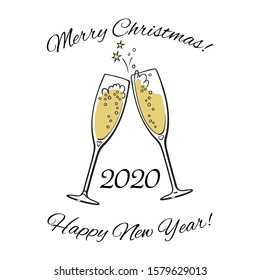 Two sparkling glasses of champagne. 2020 Merry Christmas and Happy New Year text. Hand drawn retro style vector illustration.
