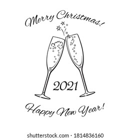 Two sparkling glasses of champagne. 2021 Merry Christmas and Happy New Year text. Black and white hand drawn retro style vector illustration.