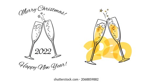 Two sparkling glasses of champagne and 2022 Merry Christmas, Happy New Year text. Black and white and color retro style vector illustration.