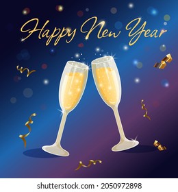 Two sparkling glasses of champagne with bubbles and serpentine. Happy New Year lettering. Colorful background with bokeh light.