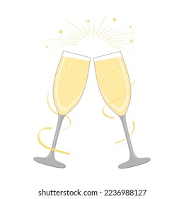 Two sparkling glasses of champagne. Flat style. Isolated on white background. Vector illustration.