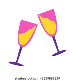 Zwei glitzernde Gläser Champagner. Flache Vektorgrafik einzeln auf weißem Hintergrund.