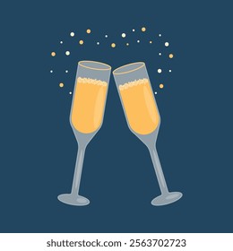 Two sparkling glasses of champagne. Merry Christmas and Happy New Year, greeting card. Hand drawn vector illustration.