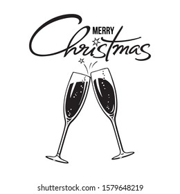 Two sparkling glasses of champagne or wine and Merry Christmas handwritten text. Holiday cheers icon. Retro style vector illustration isolated on white background.