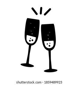 Two sparkling glasses of champagne or wine. Glass cups cheers icons. Wine icon.