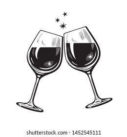 Two sparkling glasses of wine or champagne  in vintage engraving style. Cheers icon. Retro vector illustration isolated on white background.