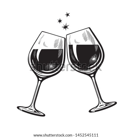 Two sparkling glasses of wine or champagne  in vintage engraving style. Cheers icon. Retro vector illustration isolated on white background.