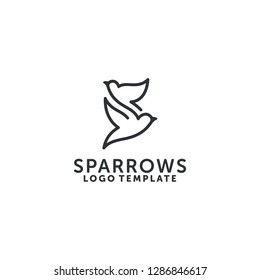 Two Sparrows flying logo template - line art logo design vector - Lettermark S