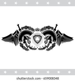 Two Spartan helmets between wings and laurel wreath. Heraldic vintage label on white