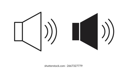 Dois ícones de alto-falante, um contornado e um sólido, isolado em branco. Símbolos sonoros simples para interfaces digitais.