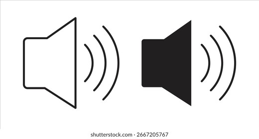 Dos iconos de altavoz con ondas de sonido, uno delineado y otro lleno, aislado en blanco.